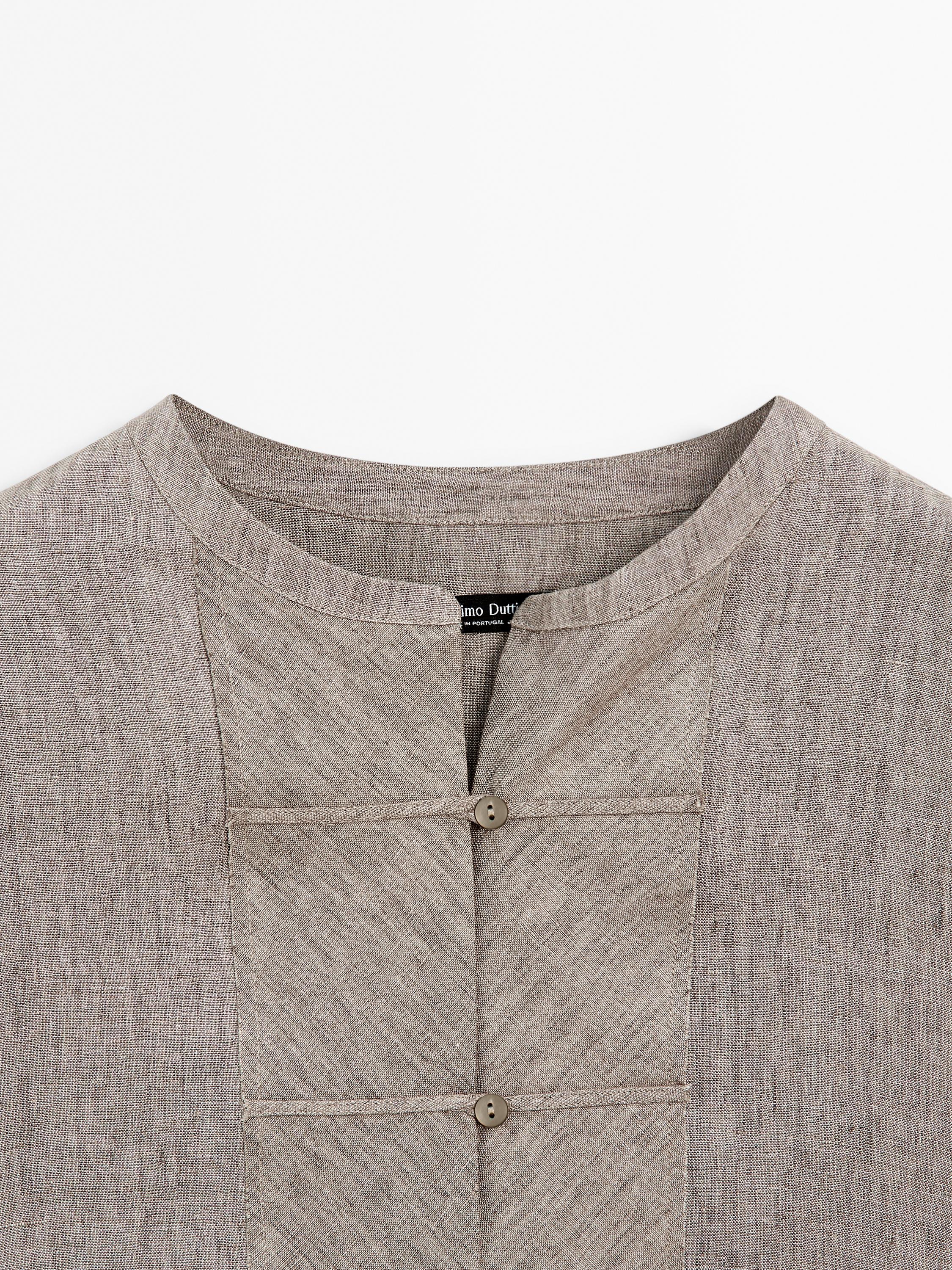 100% linen melange stand collar blouse